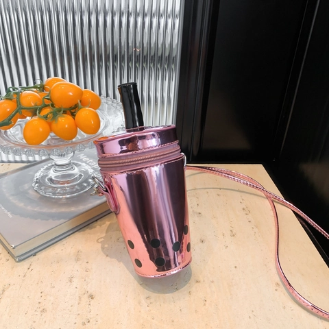 Boba Milk Tea Cup Shape Crossbody Bag Glossy PU Leather Metallic Finish Novelty Kawaii Shoulder Purse For Women