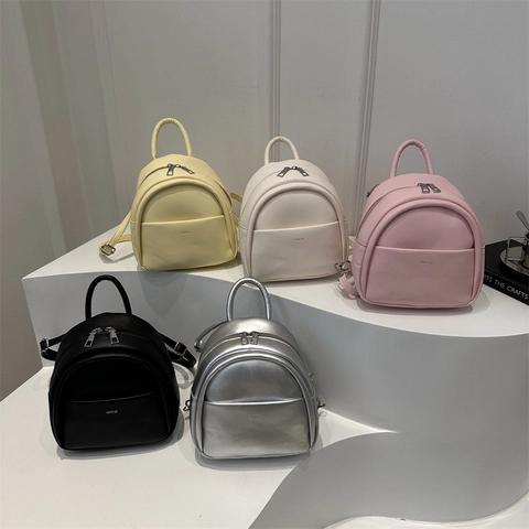 Mini Mochila Cuero PU Correas Ajustables Bolsillo Frontal Color Sólido Ligera Para Guardería Niños Niñas Diario Moda