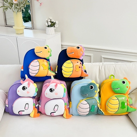 Zaino Per Bambini In Tessuto Oxford 3D Cartone Animato Dinosauro Unicorno Peluche Scuola Materna Traspirante Striscia Riflettente