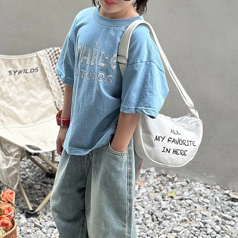 Kinder Canvas Crossbody Tas Halve Maan Schoudertas Met Glimlach Print Letterpatroon Verstelbare Riem Casual Trendy