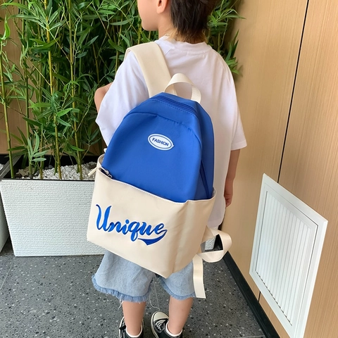 Kinderrugzak Lichtgewicht Nylon Color Block Schooltas Voor Jongens Meisjes Studenten Met Letterprint Trendy Stijlvol