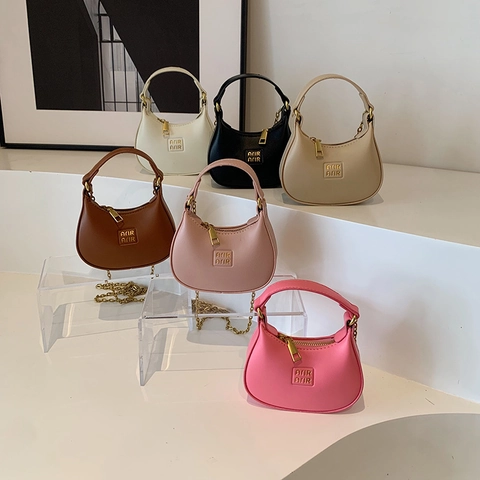 Mini Bolso De Hombro De Media Luna Para Niños Cuero PU Cadena Dorada Color Sólido Moda Bandolera Para Niños Pequeños