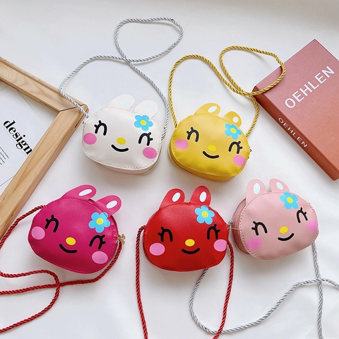 Kids Cartoon Rabbit Shoulder Bag Cute PU Leather Crossbody Purse With Flower Decor For Toddler Girls