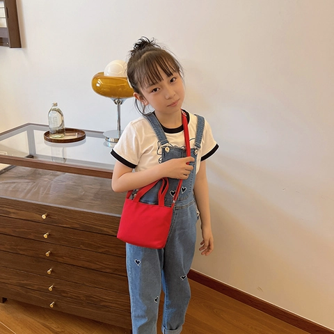 Kids Mini Canvas Tote Bag Solid Color Crossbody Handbag With Adjustable Strap Lightweight Simple Style For Boys Girls