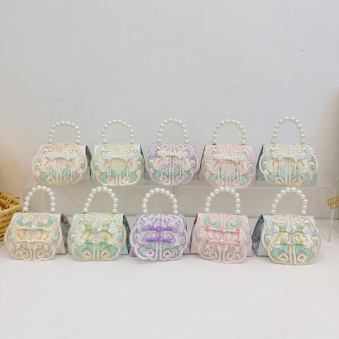 Girls Kids Shoulder Bag Artificial Pearl Handle Flower Embroidery Retro Chinese Style Crossbody Handbag Elegant Sweet Accessory