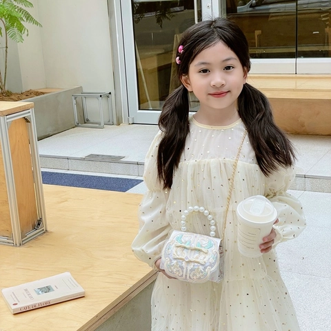 Girls Kids Shoulder Bag Artificial Pearl Handle Flower Embroidery Retro Chinese Style Crossbody Handbag Elegant Sweet Accessory