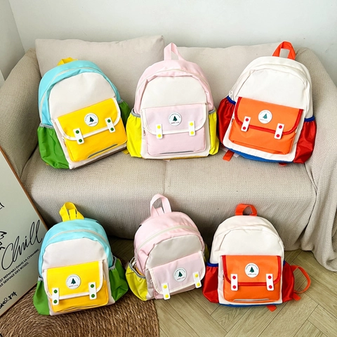 Mochila De Nailon Para Niños Lindo Bloque De Color Jardín De Infancia Transpirable Tira Reflectante De Seguridad