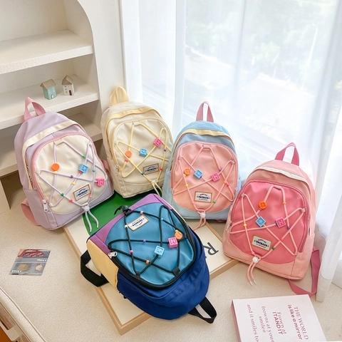 Kids Backpack Contrast Color Breathable Fabric Drawstring Colorful Beads Cute Schoolbag For Kindergarten Children