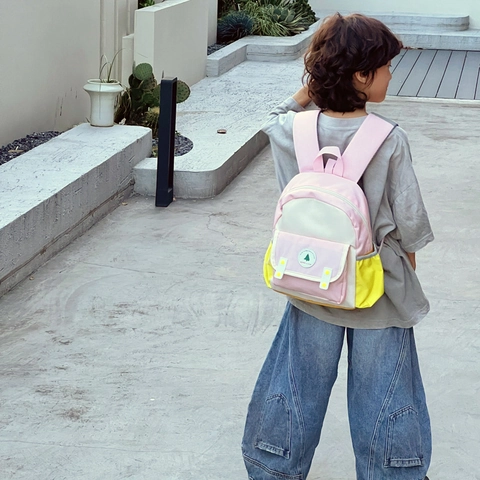 Mochila De Nailon Para Niños Lindo Bloque De Color Jardín De Infancia Transpirable Tira Reflectante De Seguridad