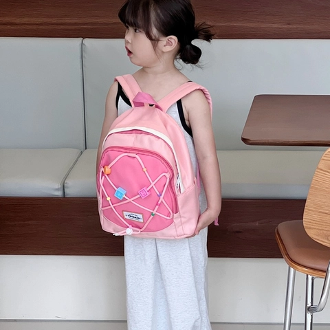 Kids Backpack Contrast Color Breathable Fabric Drawstring Colorful Beads Cute Schoolbag For Kindergarten Children