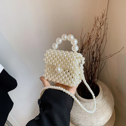 Kids Girls Mini Crossbody Bag Hand-Woven Artificial Pearl Beaded Handbag With Top Handle And Strap Elegant Sweet For Party