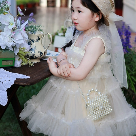 Kids Girls Mini Crossbody Bag Hand-Woven Artificial Pearl Beaded Handbag With Top Handle And Strap Elegant Sweet For Party