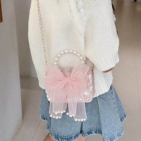 Bolso De Mano Princesa Para Niñas Mini Bolso De Hombro PU Tweed Lentejuelas Asa Perla Artificial Encaje Lazo Mesh Dulce Elegante Fiesta
