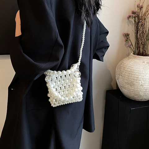 Mini Künstliche Perle Künstliche Perlen Umhängetasche Elegant Hohl Gewebt Handtasche Für Frauen Süße Mode Schultertasche