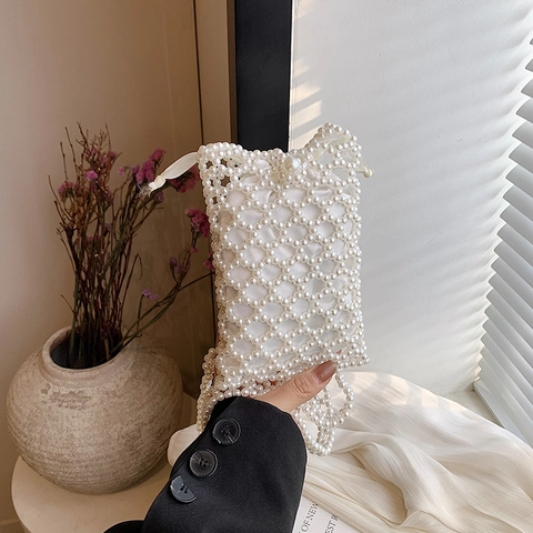 Artificial Pearl Beaded Shoulder Bag Women Hollow Out Handcrafted Crossbody Bag With Drawstring Inner Pouch Elegant Vertical Small