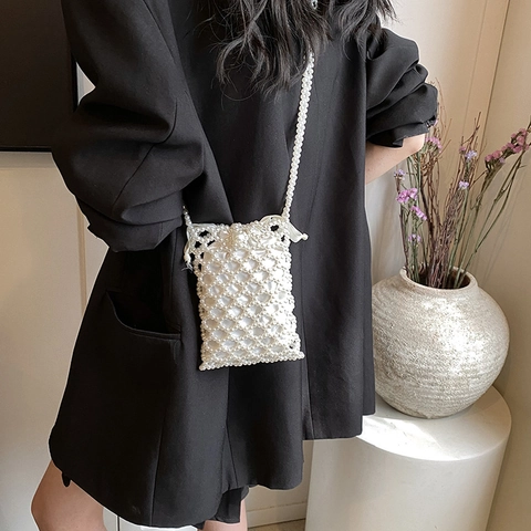 Artificial Pearl Beaded Shoulder Bag Women Hollow Out Handcrafted Crossbody Bag With Drawstring Inner Pouch Elegant Vertical Small