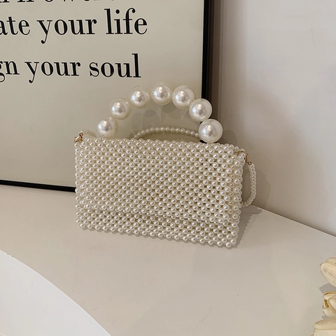 Borsa A Spalla Donna Künstliche Perle Sintetiche Intrecciata A Mano Quadrata Crossbody Serata Elegante