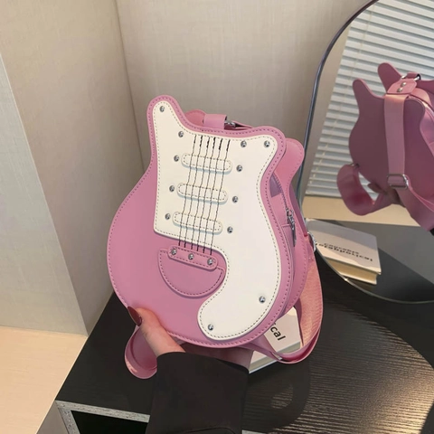 Borsa A Tracolla A Forma Di Chitarra Donna Pelle PU Colore A Contrasto Tracolla Regolabile Borsa A Tracolla Punk Creativa