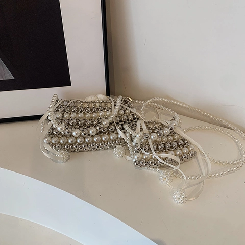 Mini Borsa A Tracolla Per Bambini Ragazze Künstliche Perle Artificiali Perline In Metallo Argentato Raso Coulisse Elegante Borsa A Spalla