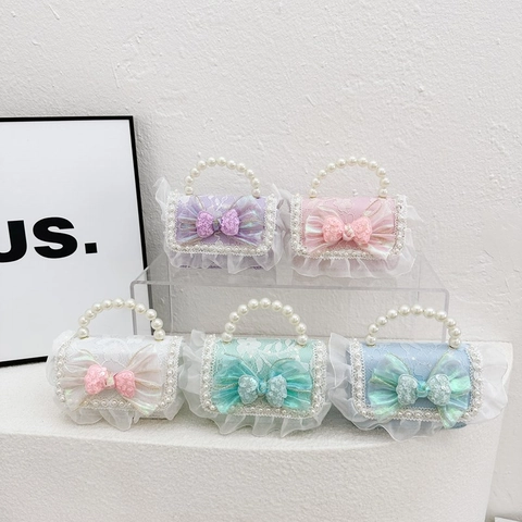Girls Princess Shoulder Bag Artificial Pearl Handle Sequin Bow Lace Mesh Crossbody Handbag Fashion