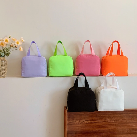 Kids Insulated Lunch Bag Canvas Polyester Portable Thermal Handbag School Picnic Travel Solid Color Zipper Closure