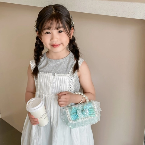 Girls Princess Shoulder Bag Artificial Pearl Handle Sequin Bow Lace Mesh Crossbody Handbag Fashion