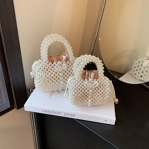 Bolso De Hombro Tejido Con Perlas Artificiales Para Niños Bolso De Mano Con Perlas Artificiales De Princesa Dulce Con Forro De Satén Para Niñas