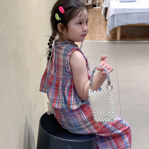 Kinder Mädchen Mini Umhängetasche Künstliche Perlen Gewebte Handtasche Strass Griff Metallkettenriemen Mode Beuteltasche