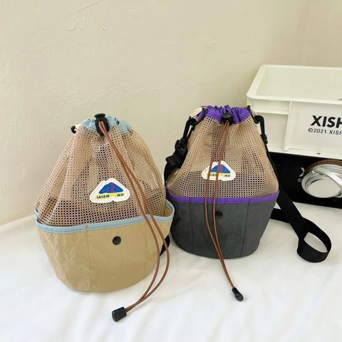 Kinder Kordelzug Rucksack Netz Patchwork Atmungsaktiv Leicht Eimer Tasche Für Jungen Mädchen Outdoor Strand