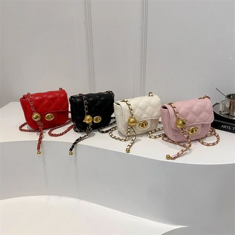 Kids Girls Mini Crossbody Bag PU Leather Quilted Rhombus Pattern Adjustable Golden Ball Chain Strap Turn Lock Fashion Accessory