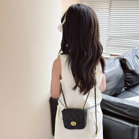 Kids Girls Mini Crossbody Bag PU Leather Quilted Rhombus Pattern Adjustable Golden Ball Chain Strap Turn Lock Fashion Accessory
