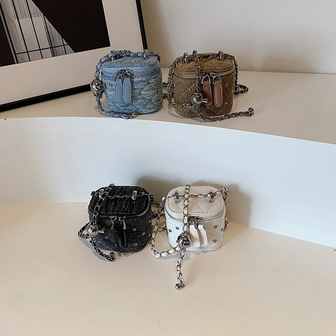 Bolso De Bandolera Mini Para Niños Acolchado Denim PU Cuero Cadena Bola Ajustable Neceser Accesorio De Moda