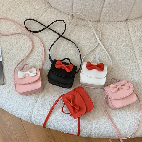 Mini Bolso De Hombro Cuero PU Decoración Lazo Bandolera Con Asa Para Niñas Pequeñas Moda Color Sólido