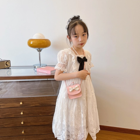 Mini Bolso De Hombro Cuero PU Decoración Lazo Bandolera Con Asa Para Niñas Pequeñas Moda Color Sólido