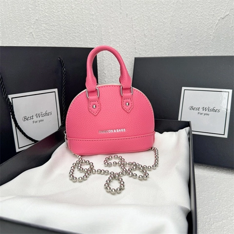 Mini Bolso De Hombro Concha Patrón Litchi Cuero PU Cadena De Bolas Plateada Bolso De Mano Para Mujer Color Sólido