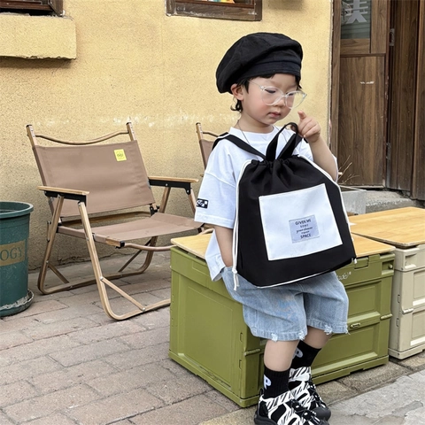 Zaino Con Coulisse Per Bambini Tela Colore A Contrasto Patch Outdoor Tempo Libero Moda Street Boys Girls