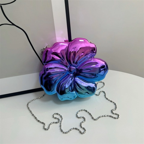 Women Flower Shaped Shoulder Bag 3D Petal Metallic Mirror Hard Shell Small Chain Purse For Party Fashion Accessory