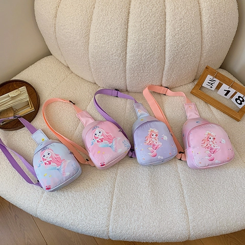 Canvas Cartoon Mermaid Kids Chest Bag With Adjustable Strap Cute Preschool Crossbody Pack