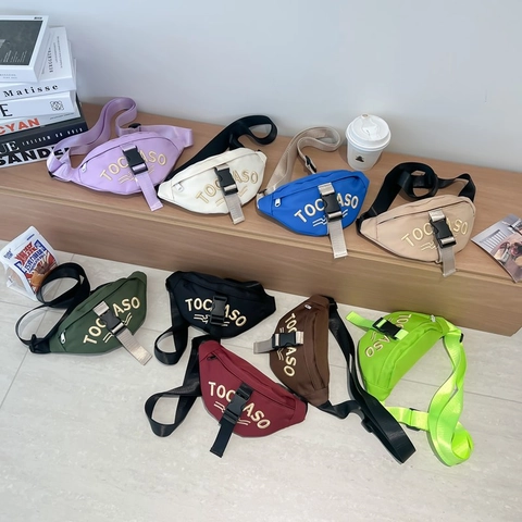 Kids Waist Bag Canvas Chest Pack Letter Embroidery Adjustable Strap Trendy Korean Style For Boys And Girls