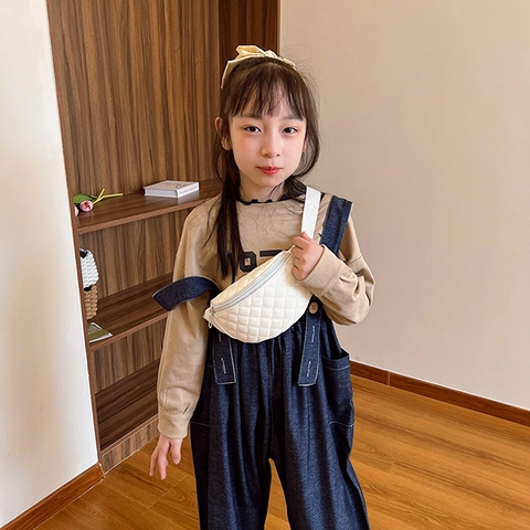 Kids Quilted Waist Bag Fashionable Diamond Lattice PU Leather Chest Bag For Girls Boys Adjustable Strap Simple