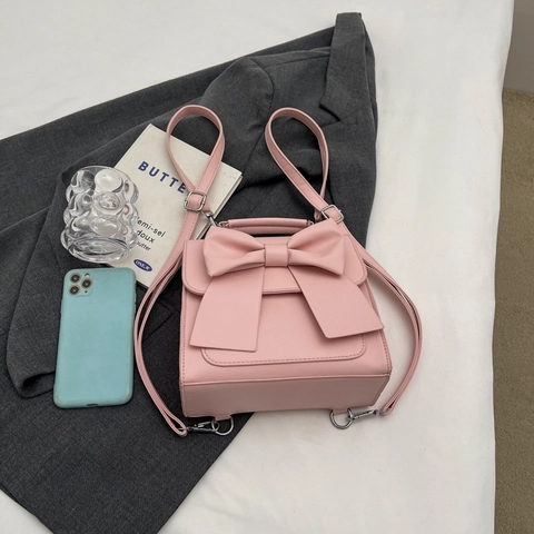 Mini Mochila Bolso De Mano Para Mujer Cuero PU Lazo Grande Color Sólido Versátil Bandolera Dulce Elegante