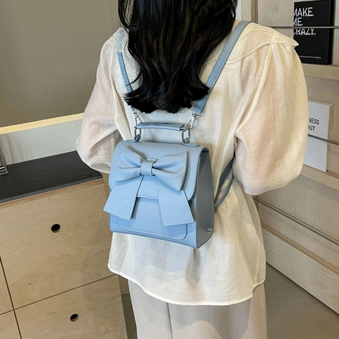 Mini Mochila Bolso De Mano Para Mujer Cuero PU Lazo Grande Color Sólido Versátil Bandolera Dulce Elegante