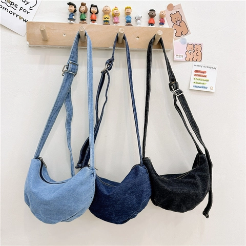 Kids Denim Half Moon Crossbody Bag Trendy Solid Color Canvas Waist Pack For Boys And Girls With Adjustable Strap