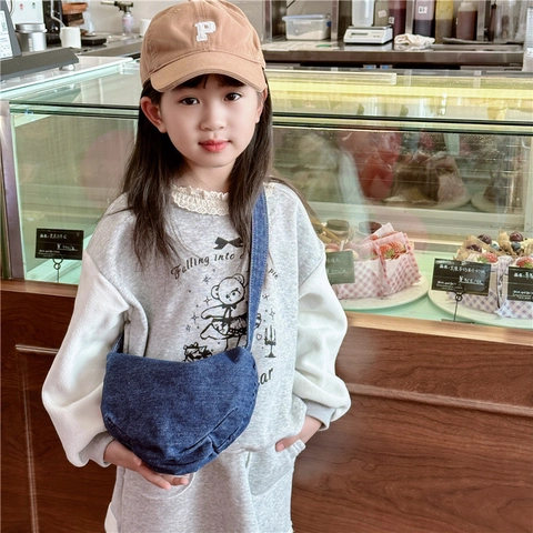 Kids Denim Half Moon Crossbody Bag Trendy Solid Color Canvas Waist Pack For Boys And Girls With Adjustable Strap