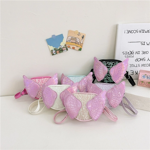 Kids Shoulder Crossbody Bag PU Leather And Sequins Butterfly Wing Shape Adjustable Strap Cartoon Cute Girls Boys