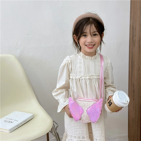Kids Shoulder Crossbody Bag PU Leather And Sequins Butterfly Wing Shape Adjustable Strap Cartoon Cute Girls Boys