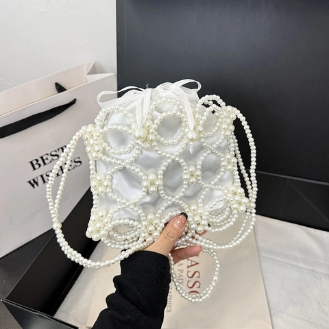 Kinder Mädchen Mini Künstliche Perlen Eimertasche Ausgehöhlt Gekörnt Schulter Umhängetasche Mit Kordelzug Satinfutter Eleganter Stil