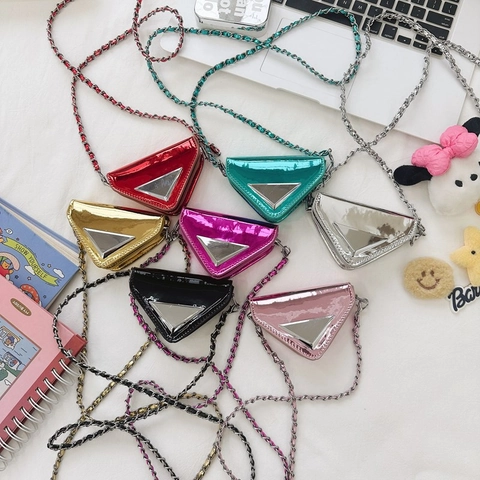 Kids Mini Crossbody Bag Metallic PU Leather Triangle Shape Fashion Chain Shoulder Purse For Girls Cute