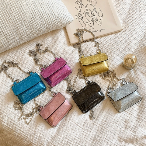 Kids Mini Crossbody Bag Sequin Glitter PU Leather Metal Chain Strap Flap Rectangular Fashion Accessory For Toddlers