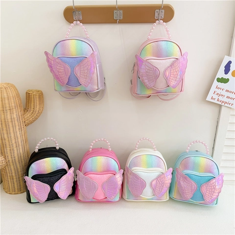 Rainbow Sequin Angel Wings Kids Backpack For Girls With Artificial Pearl Handle Cute PU Leather School Bag Toddler Kindergarten
